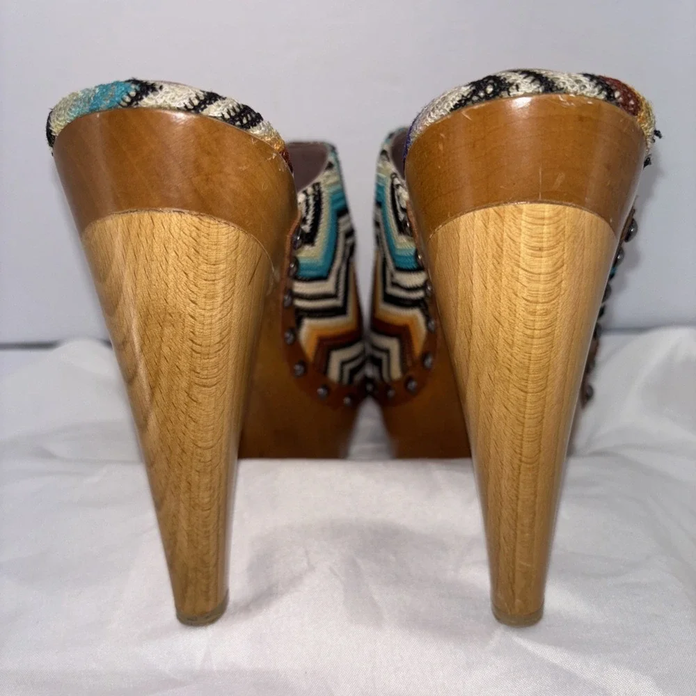 Missoni Multicolor Chevron Knit Fabric Wood Platform PEEP TOE Clogs Size 38 Rare